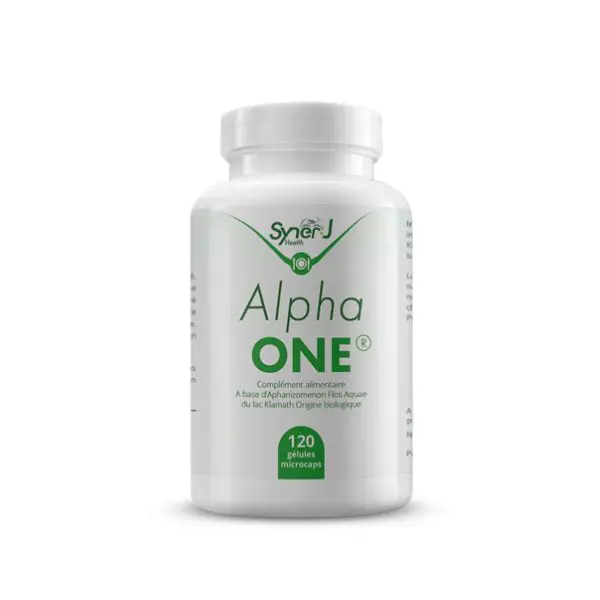 Un flacon de 120 granulés d'extrait d'algue de Klamath Alpha ONE Microcaps par SynerJ-Health.