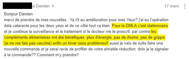 Témoignage sur une DMLA avec les produits SynerJ-Health.