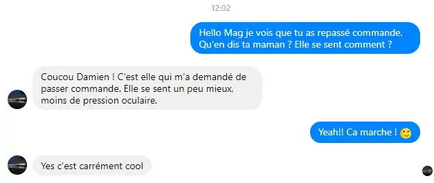 Conversation sur Facebook messenger, témoignage glaucome et cataracte avec SynerBOOST.