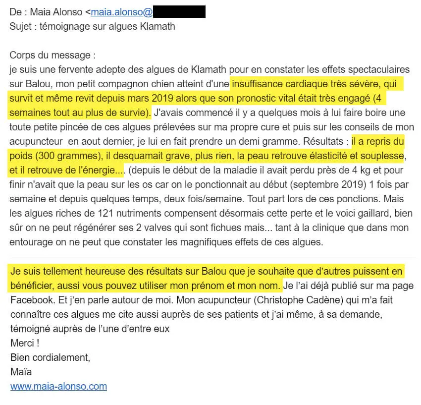 Témoignage de consommation d'algue de Klamath pour un chien.