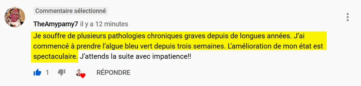 Témoignage de pathologie chronique et algue de Klamath.