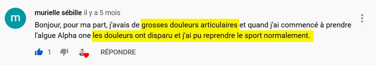 Témoignage sur douleurs articuleurs atténuées avec l'algue de Klamath Alpha ONE.
