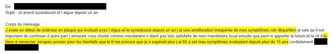 Témoignage sclérose en plaque avec SynerBOOST et algue Klamath SynerJ Health.