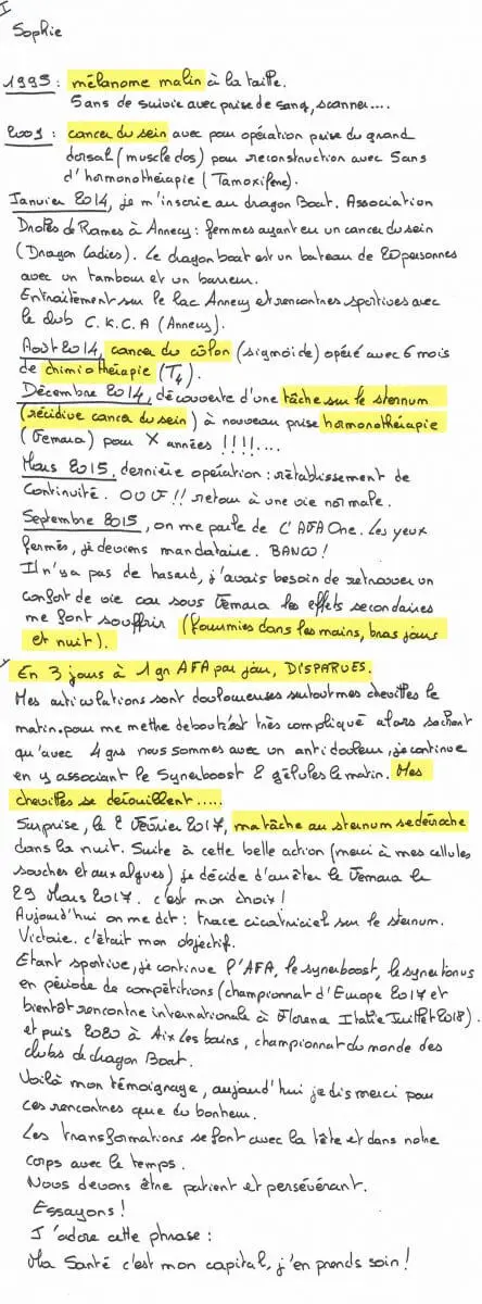 Témoignage mélanome cancer chimiothérapie et algue Klamath, SynerBOOST, SynerTONUS.