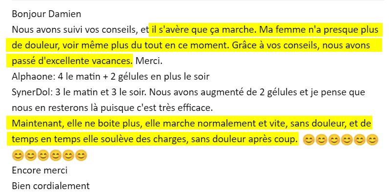 Témoignage de douleurs et boîtage réglée avec SynerDOL et l'algue Klamath.