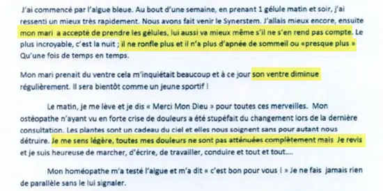 Témoignage apnées du sommeil, perte de poids, avec algue Klamath et SynerSTEM.