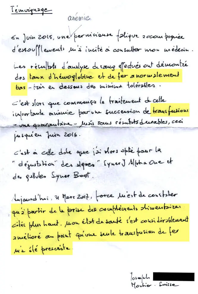 Témoignage suite à une anémie, transfusion, algue Klamath et SynerBOOST.