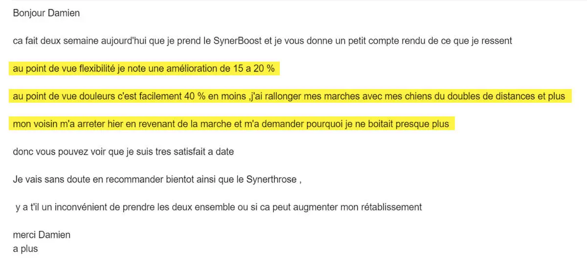 Témoignage pour le SynerBOOST à propos d'un problème de cartilage de hanche.