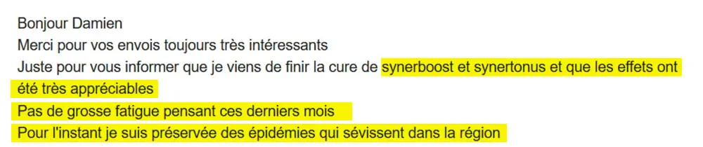 Témoignage pour SynerBOOST et SynerTONUS.
