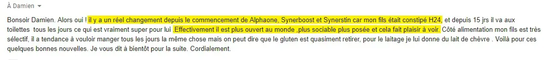 Témoignage amélioration des symptômes de l'autisme avec les produits SynerJ Health.