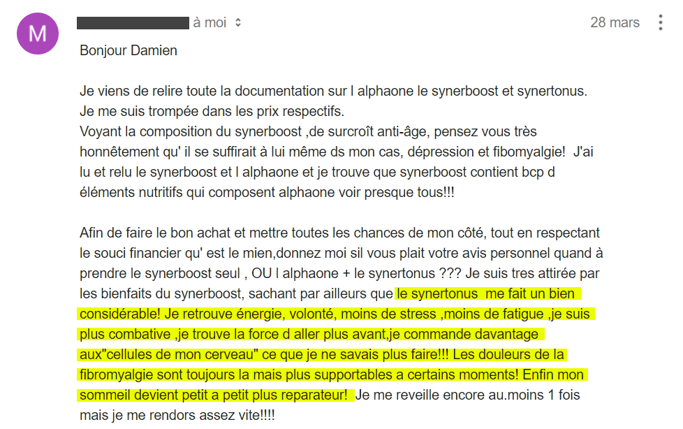 Témoignage sur fibromyalgie et dépression soignés avec les produits SynerJ Health.