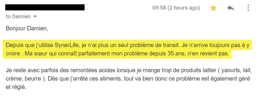 Témoignage pour le SynerLIFE sur transit intestinal.