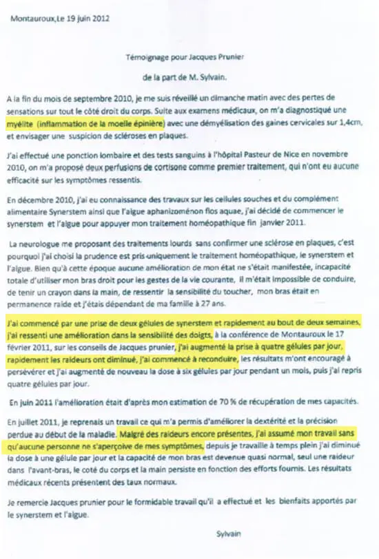 Témoignage de sclérose en plaques et myélite avec algue Klamath et SynerSTEM.