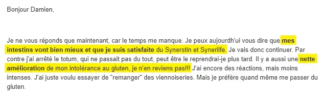 Témoignage d'intolérance au gluten amenuisée grâce aux SupraSTIN et SynerLIFE.