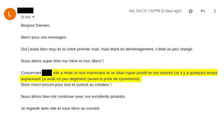 Témoignage SynerJ-Health pour cancer du sein grâce à l'algue de Klamath et le SynerBOOST stimulateur de celulles souches de Jacques Prunier.