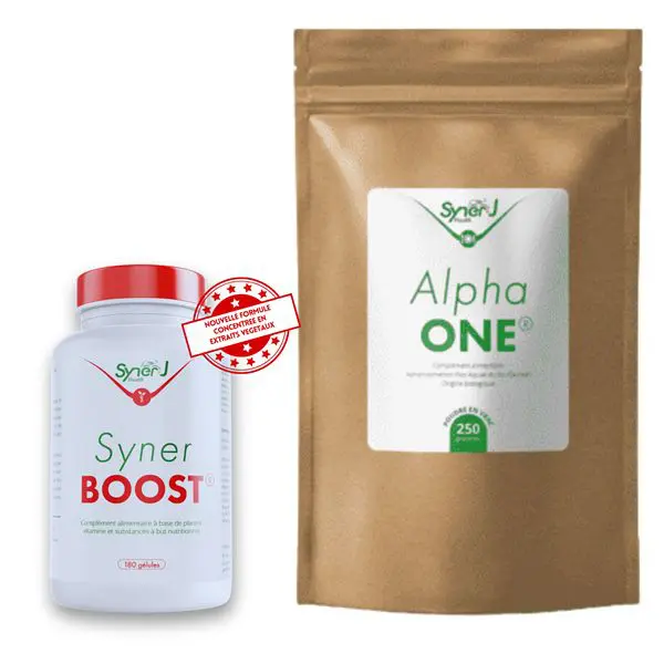 Un flacon de SynerBOOST et un sachet d'algue de Klamath Alpha ONE 250 g de SynerJ-Health.