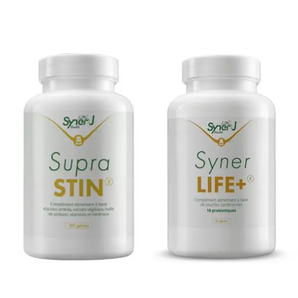 Un flacon de SupraSTIN et un flacon de SynerLIFE, une offre DUO SynerJ Health.