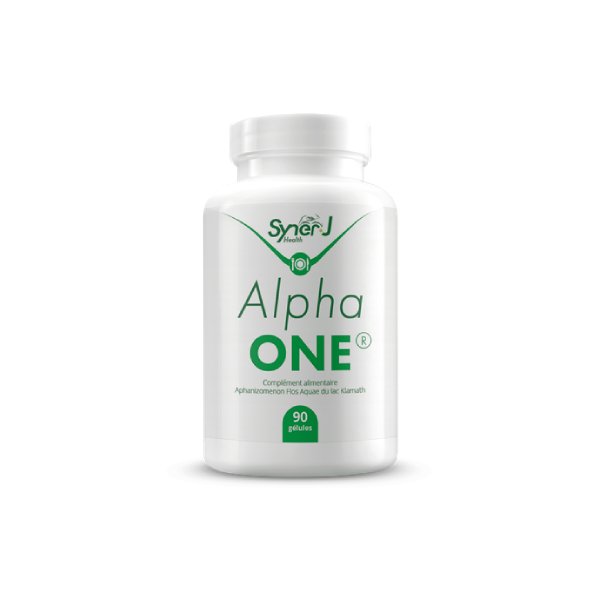 Un flaconde 120 gélules d'algue de Klamath AlphaOne par SynerJ-Health.