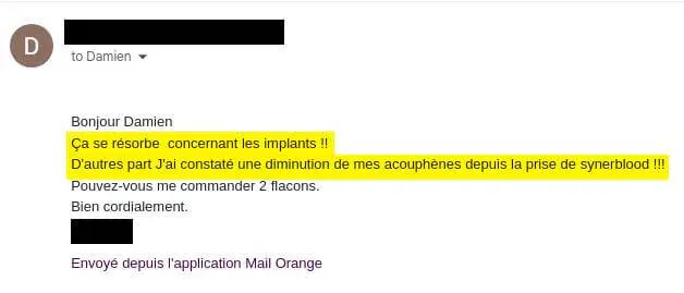 Témoignage de réduction d'acouphènes et de résorbation d'obstruction osseuse avec SynerBLOOD.