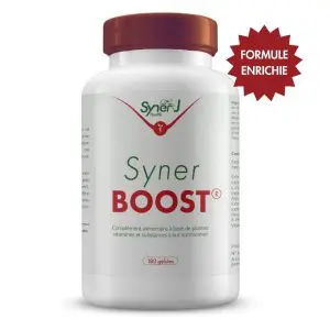 Un flacon de SynerBOOST, stimulateur de celulles souche par SynerJ-Health.