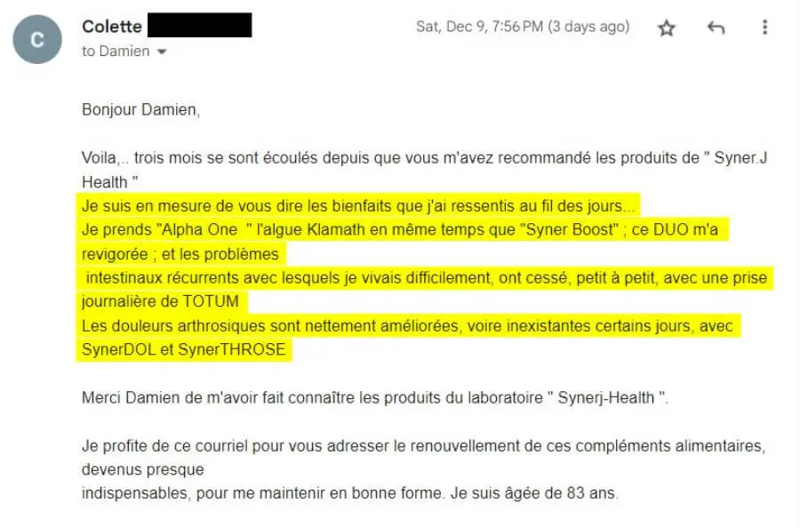 Témoignage SynerJ-Health SynerBOOST SynerTHROSE douleurs arthrose.