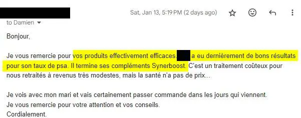 Capture d'écran d'un témoignage sur le SynerBOOST de SynerJ-Health dans un cas de cancer de la prostate.
