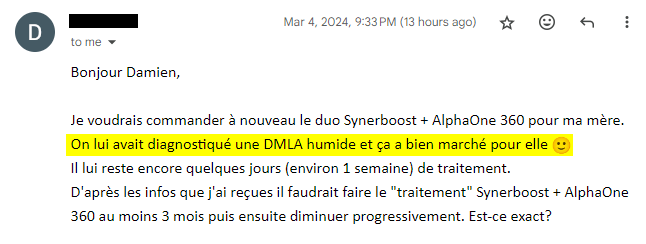 Témoignage de guérison de DMLA avec le SynerBOOST et l'algue de Klamath de SynerJ-Health.