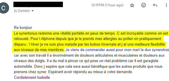 Témoignage de guérison d'allergies avec le SynerTONUS de SynerJ-Health.