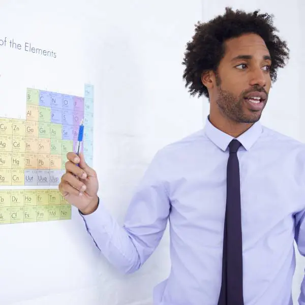 Un professeur de science pointe sur une table périodique la liste des métaux lourds.