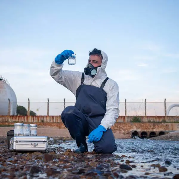Un scientifique en tenue de protection fait des prélèvements de métaux lourds sur le terrain.