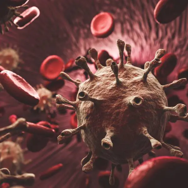 Vue d'artiste de cellules rouges sanguines et de coronavirus COVID.