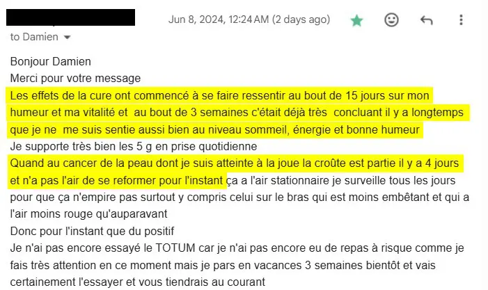 Témoignage d'une consommatrice de SynerBOOST et d'algue de Klamath sur un cas de cancer de la peau, carcinome, maladie de Bowen.