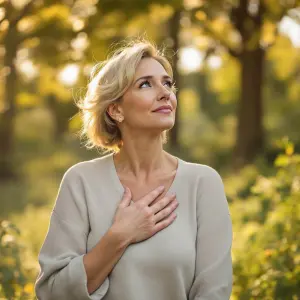 Femme ménopausée touchant sa poitrine, expression de douceur et paix.