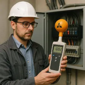Un électricien classe les ondes électromagnétiques avec un appareil à mesure.