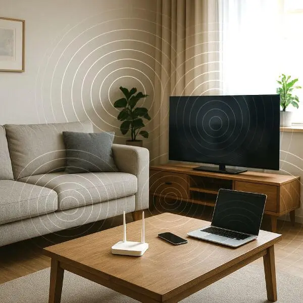 Intérieur d'appartement avec appareils diffusant des ondes électromagnétiques EMF.