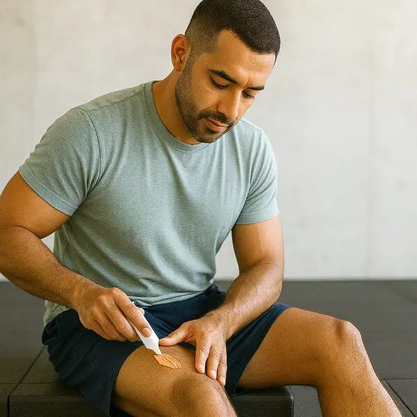 Un homme athlétique applique de la crème anti-douleur musculaire sur sa cuisse.