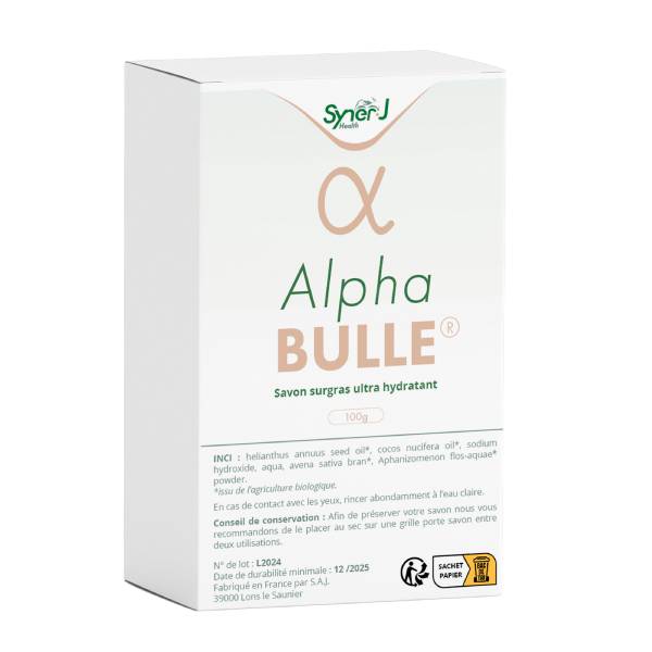 Boîte d'AlphaBULLE, savon ultra hydratant pour peau sèche à base d'algue de Klamath.