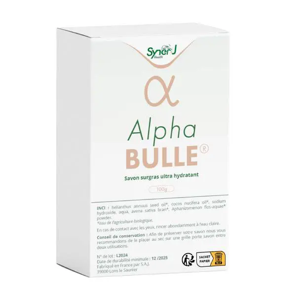 Boîte d'AlphaBULLE, savon ultra hydratant pour peau sèche à base d'algue de Klamath.