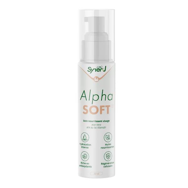 Flacon d'AlphaSOFT, un cosmétique à base de Klamath pour nourrir et hydrater la peau du visage.