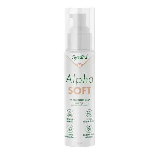 Flacon d'AlphaSOFT, un cosmétique à base de Klamath pour nourrir et hydrater la peau du visage.