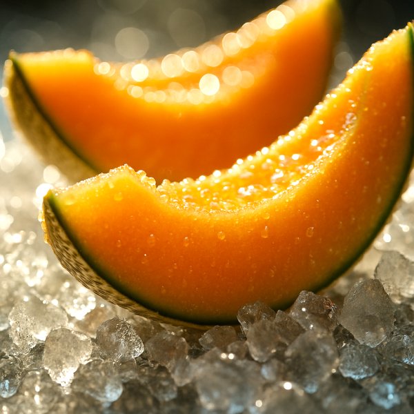 Gros plan de quartiers de melon glacés et gouttes d’eau.