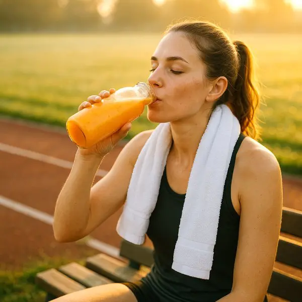 Coureuse se réhydratant avec un smoothie au melon après l’effort