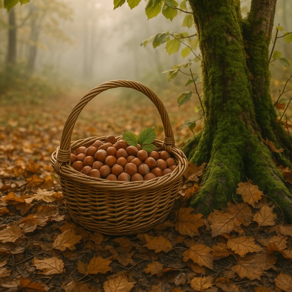 Panier de noisettes au pied d’un noisetier en automne.