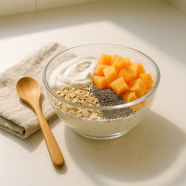 Bol petit-déjeuner : cubes de melon, yaourt et céréales