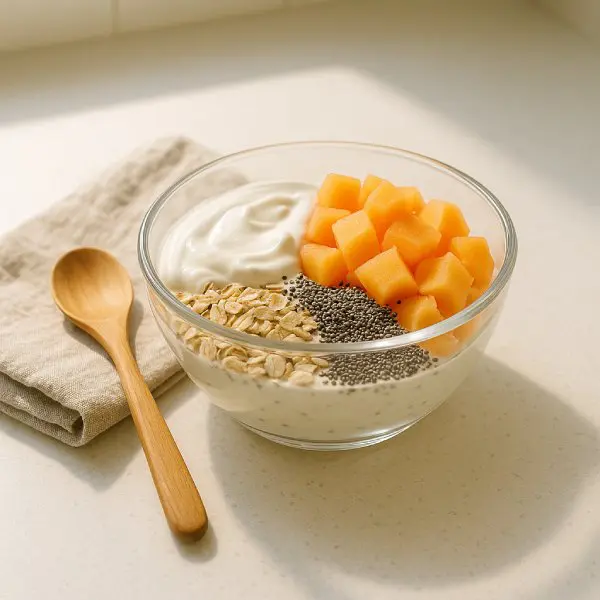 Bol petit-déjeuner : cubes de melon, yaourt et céréales