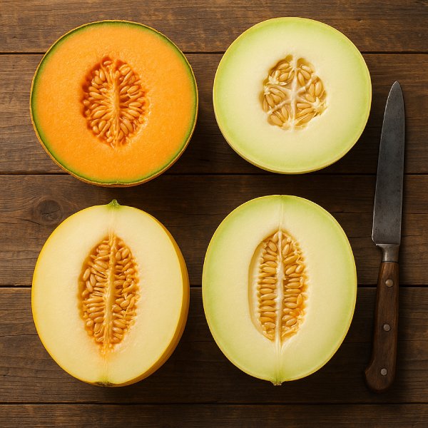 Vue de dessus : plusieurs variétés de melon coupées en deux.