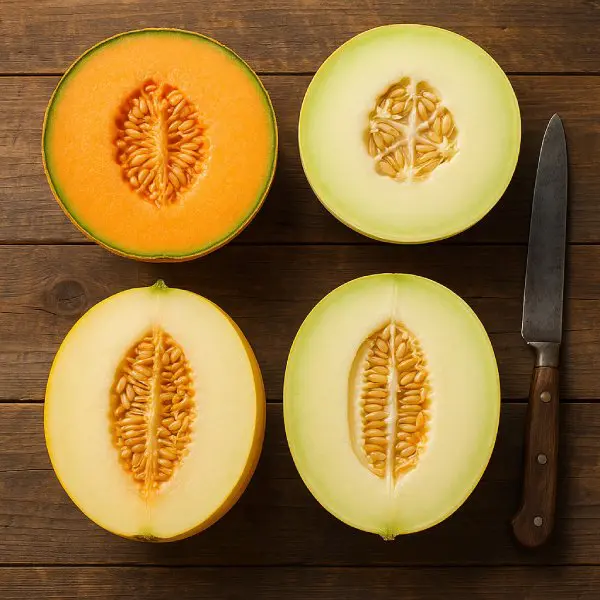 Vue de dessus : plusieurs variétés de melon coupées en deux.