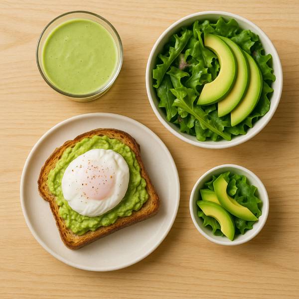 Brunch sain : toast à l’avocat, salade et smoothie sur une table en bois.