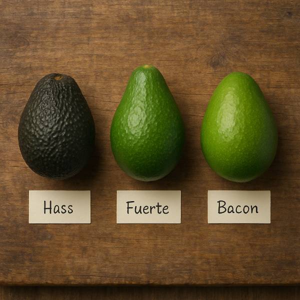 Vue de dessus montrant trois variétés d’avocats (Hass, Fuerte, Bacon) étiquetées.