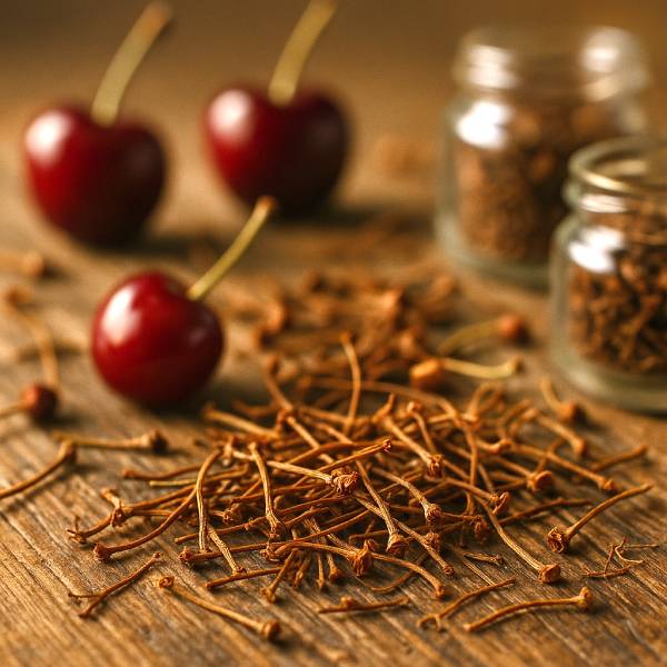 Détail de queues de cerise séchées sur une table en bois avec des cerises fraîches